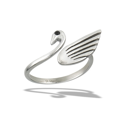 Stainless Steel Adjustable Swan Ring With Faceted Black Eye