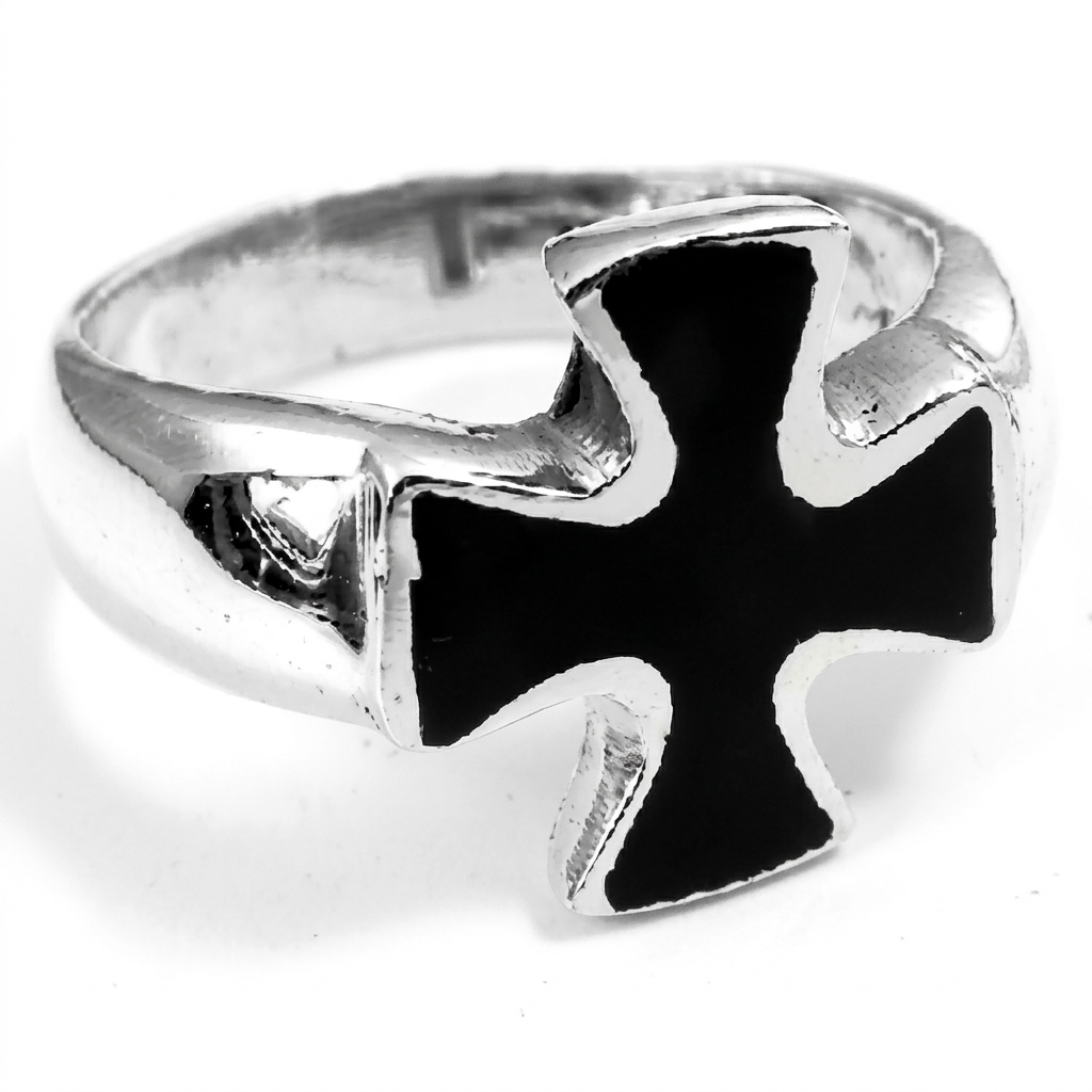 Angled view of a sterling silver ring with a black enamel Iron Cross and silver borders.