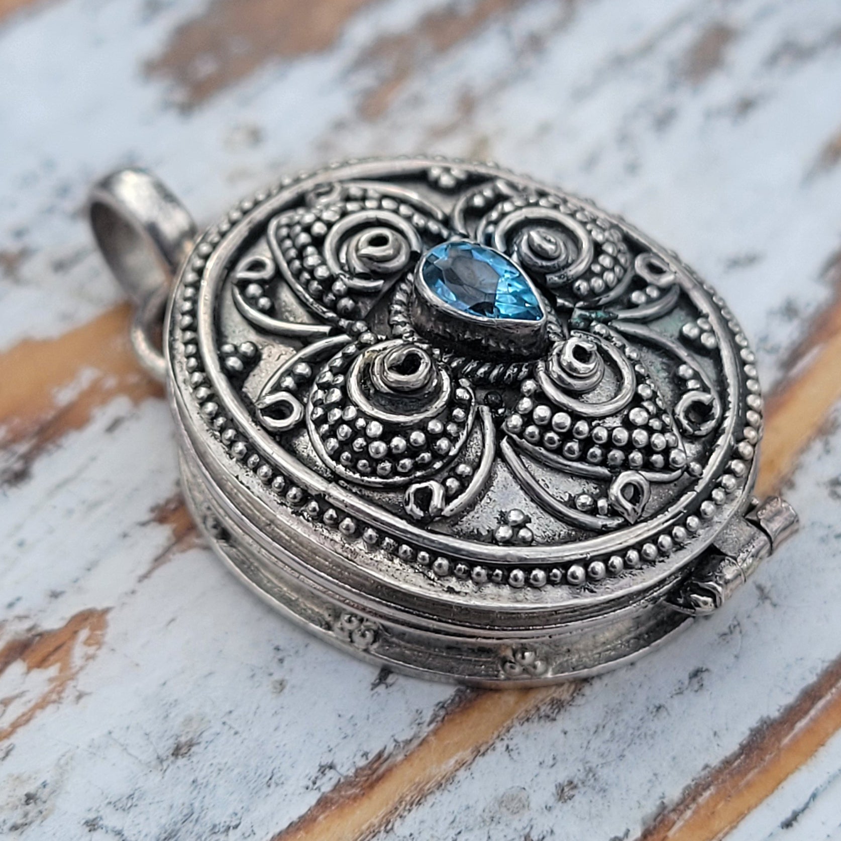 Oval Blue Topaz Sterling Silver Poison Box Locket Pendant – Silver