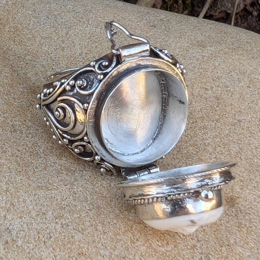 Moon Goddess Carved Bone Poison Ring in Sterling Silver