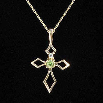Small 10K Yellow Gold Cross Pendant Necklace Set with Genuine Peridot