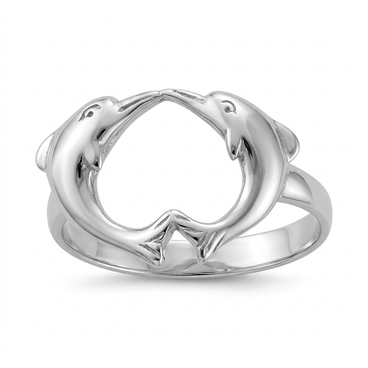 Polished studio photo of the dolphin heart ring