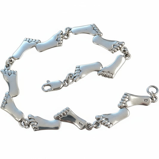 Sterling Silver Linked Baby Walking Feet Footprints 7.5" Bracelet