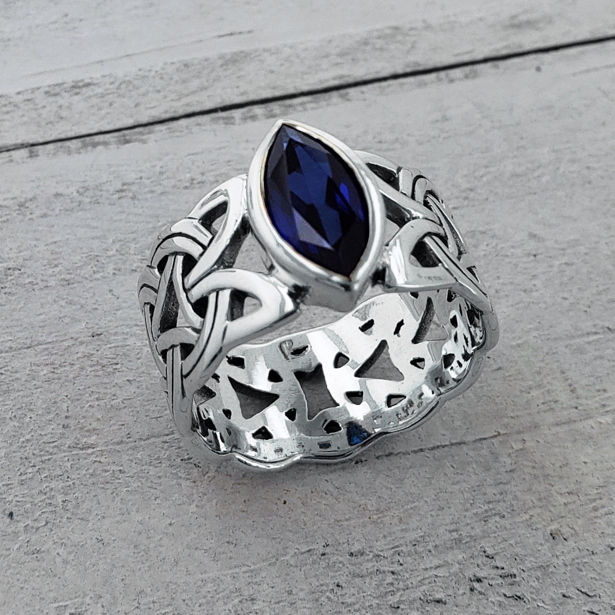 Borre Knot Viking Braided Wedding Band Ring in Sterling Silver with Marquise Gemstone