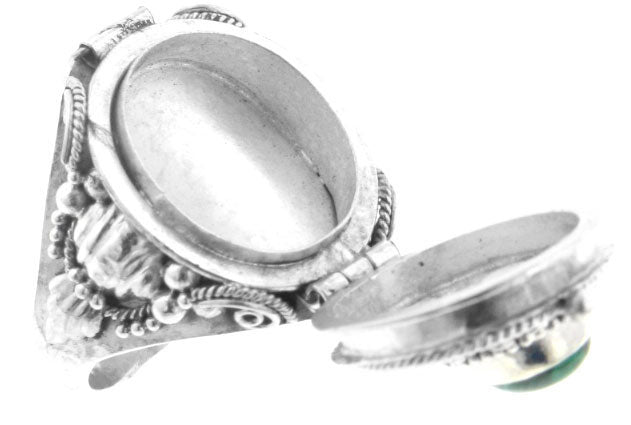 Genuine Malachite and Sterling Silver Medieval Poison Box Locket Ring - Silver Insanity