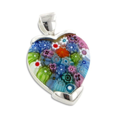 Sterling Silver Venetian Glass Millefiori Heart Pendant - Silver Insanity