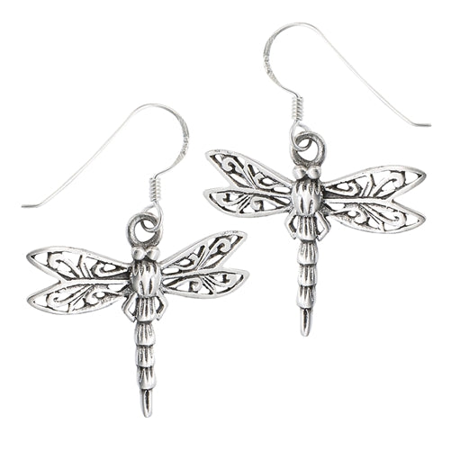 Pretty Sterling Silver Filigree Dragonfly Hook Earrings - Silver Insanity