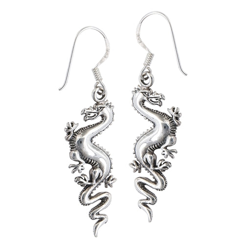 Sterling Silver Dueling DRAGON Serpent Hook Earrings - Silver Insanity