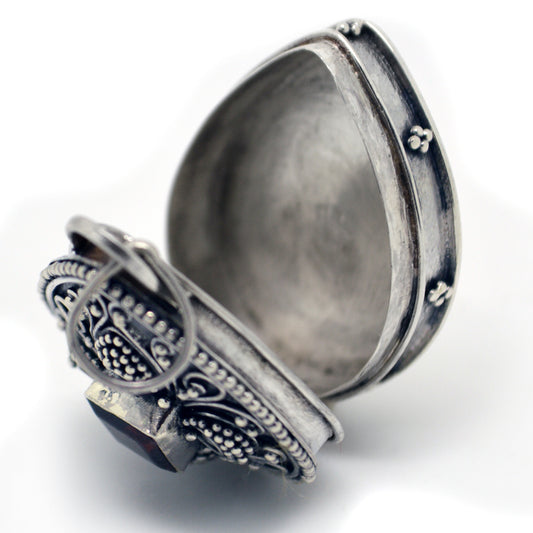 Scorched Steampunk Trinket Poison Locket Box Pendant, Sterling Silver, Garnet - Silver Insanity