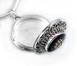 Sterling Silver Black Agate Brass Shield Poison Locket Pendant - Silver Insanity