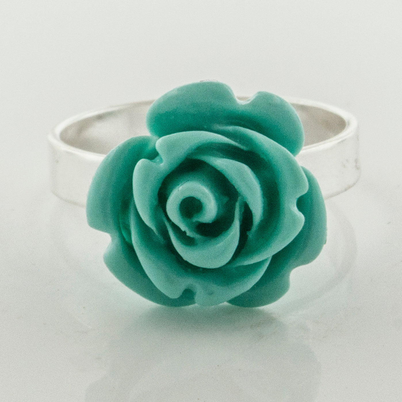 Carved Rose of Beauty 3D Sterling Silver Turquoise Flower Ring - Silver Insanity