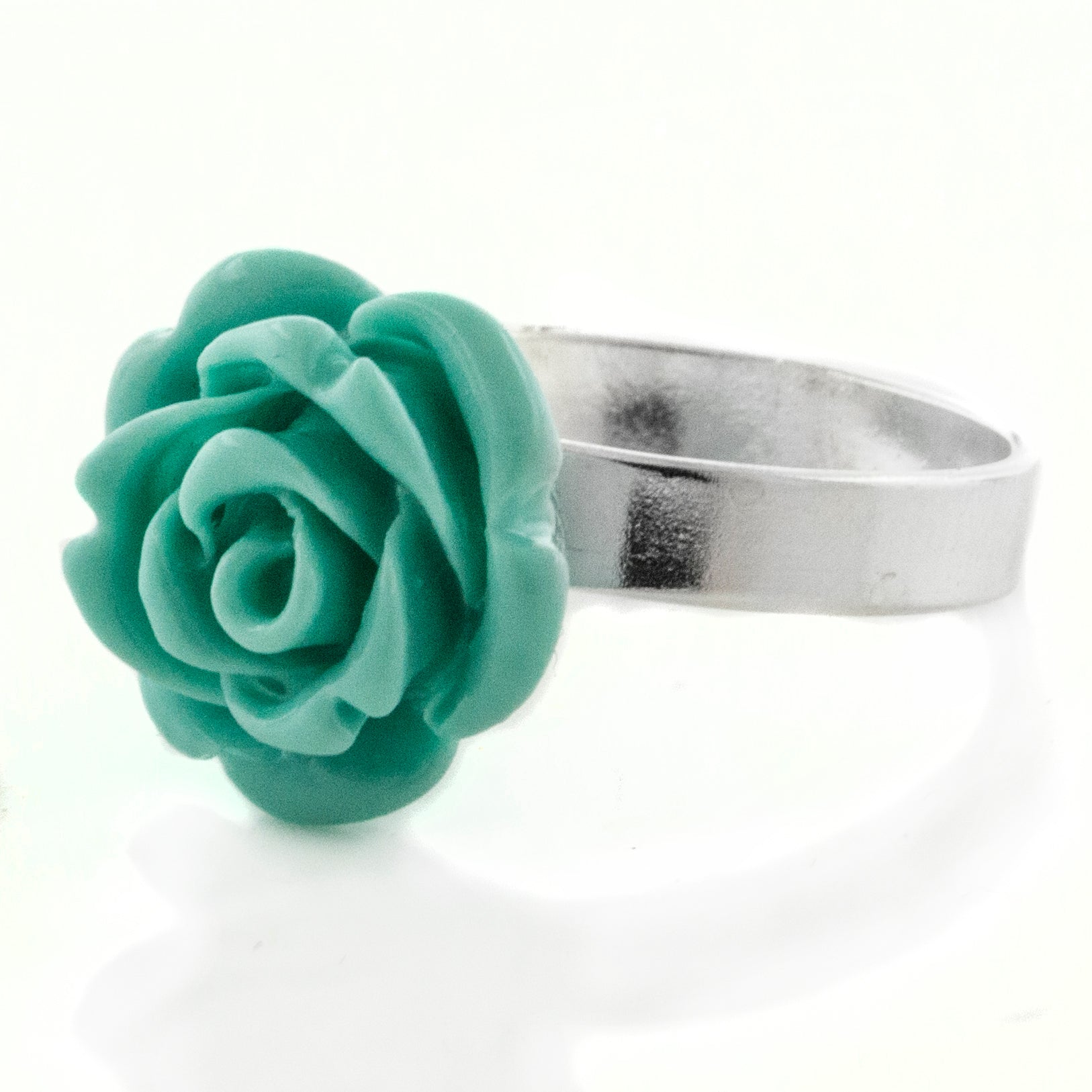 Carved Rose of Beauty 3D Sterling Silver Teal Flower Ring