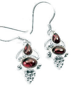 Bali Style Sterling Silver Ornate Double Garnet Hook Earrings - Silver Insanity