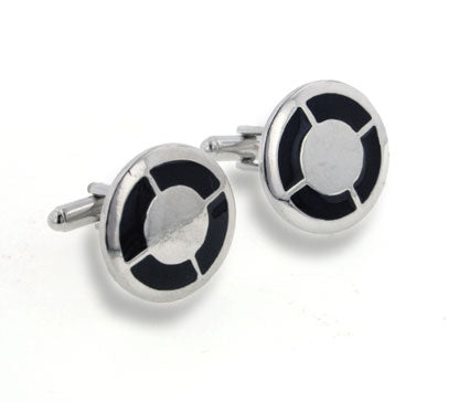 Black Enameled Bulls Eye Cufflinks Silver-Tone Cuff Links - Silver Insanity