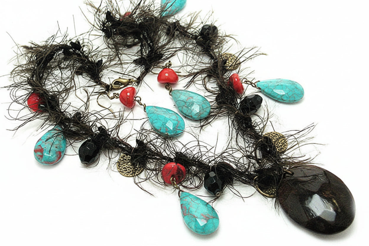 Black Fuzzy Necklace with Synthetic Turquoise Earrings - Silver Insanity