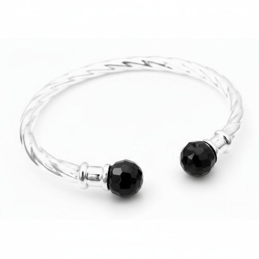 Hinged Sterling Silver Black Onyx Cable Cuff Bracelet - Silver Insanity