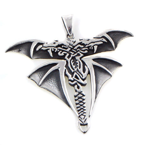 Gothic Styled Sterling Silver Double Headed Winged Dragon Pendant