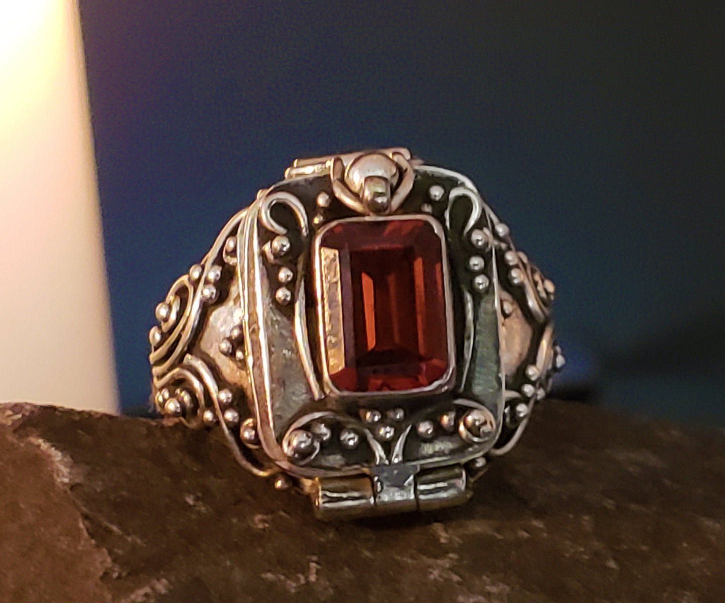 Sterling Silver Garnet Poison Box Locket Ring