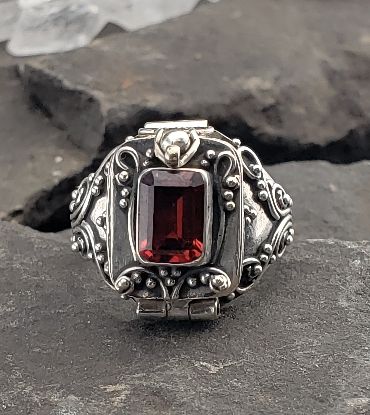 Sterling Silver Garnet Poison Box Locket Ring