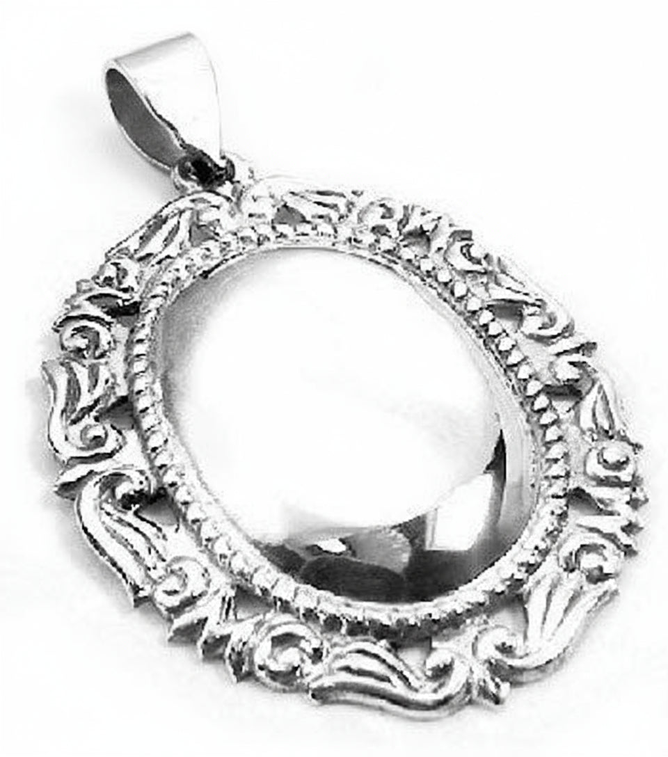 Engraveable Ornate Framed Oval Sterling Silver Christmas Ornament Pendant - Silver Insanity
