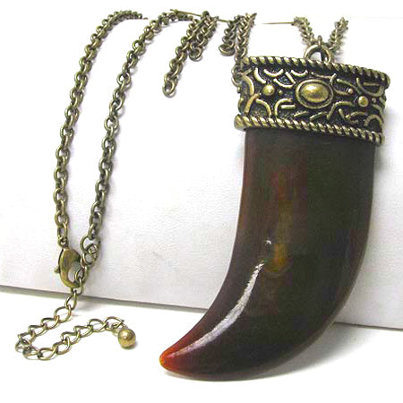 Large Tribal BROWN Elephant Tusk Shaped 30" Pendant Necklace and Earrings Set - Silver Insanity