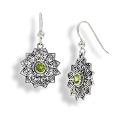 Flower Starbursts with Genuine Peridot Filigree Sterling Silver Hook Earrings - Silver Insanity