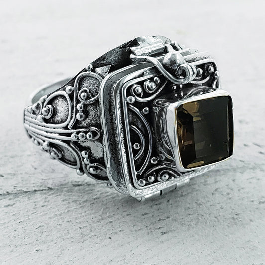 Gothic Square Smoky Quartz Poison Ring - Sterling Silver
