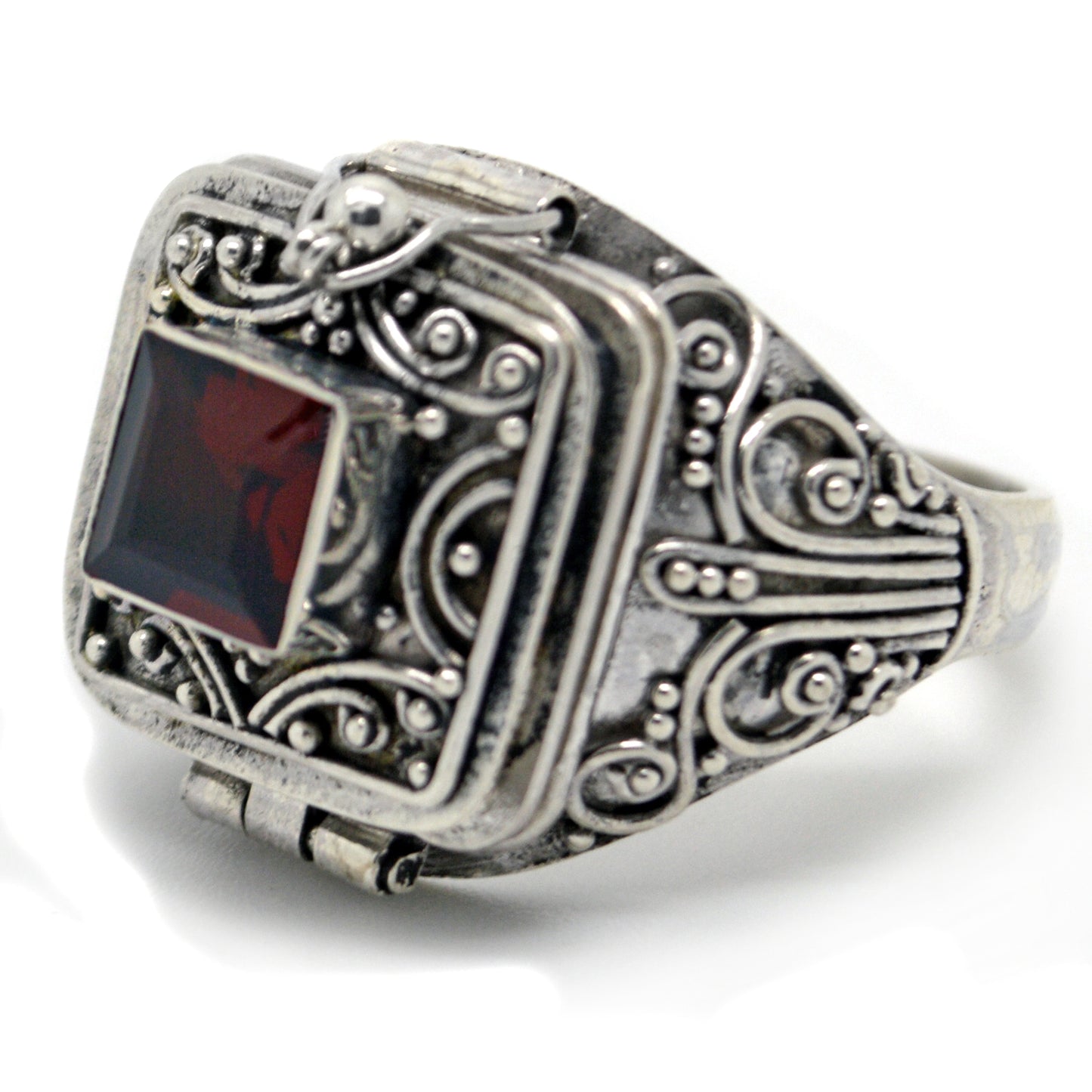 Square Genuine Garnet Poison Locket Box Sterling Silver Ring - Silver Insanity