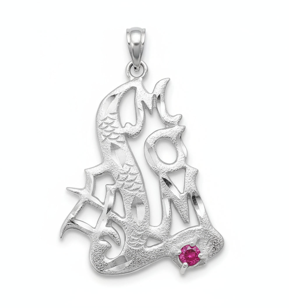 #1 MOM Genuine Ruby Diamond-Cut Charm Pendant on 18" Necklace - Silver Insanity