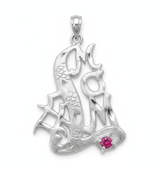 #1 MOM Genuine Ruby Diamond-Cut Charm Pendant on 18" Necklace - Silver Insanity