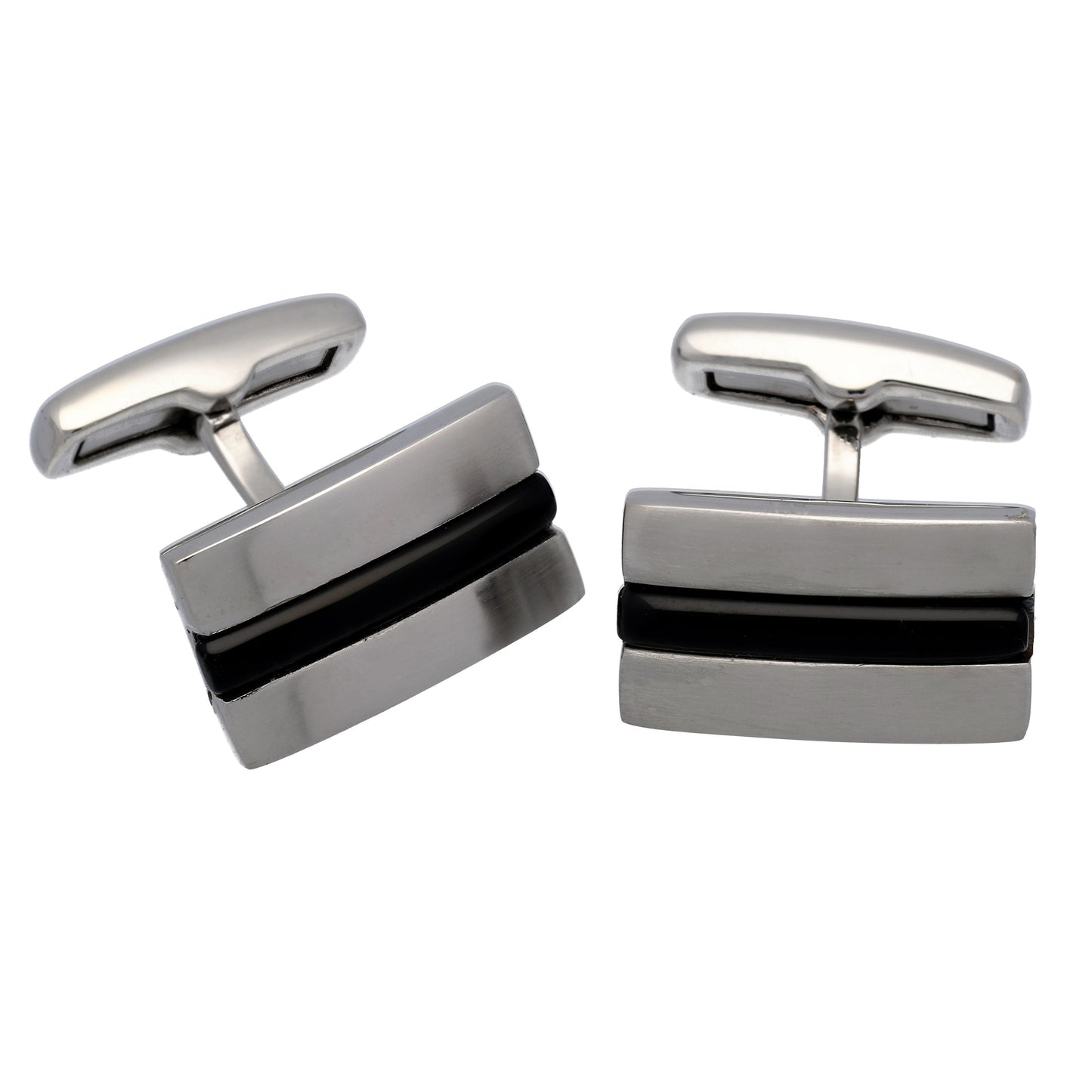 Black Stripe Curved Rectangular Swivel Back Brushed Stainless Steel Cufflinks - Silver Insanity