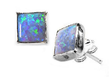 Sterling Silver Square Created Opal Stud Post Earrings - Silver Insanity