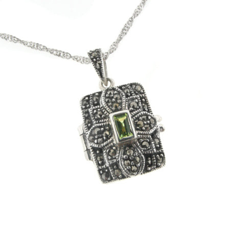 Antiqued Marcasite and Peridot Photo Locket Pendant Sterling