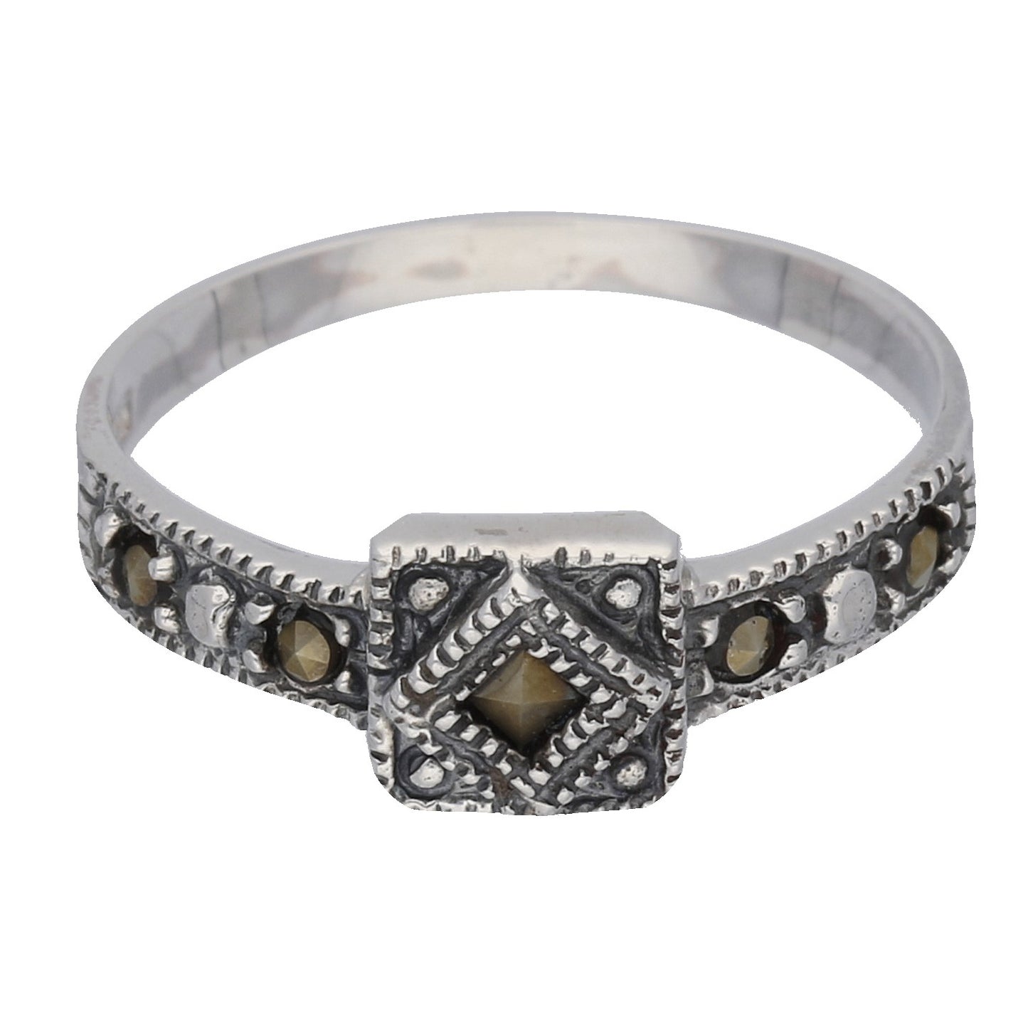 Petite Light Weight Square Sterling Silver Marcasite Ring - Silver Insanity