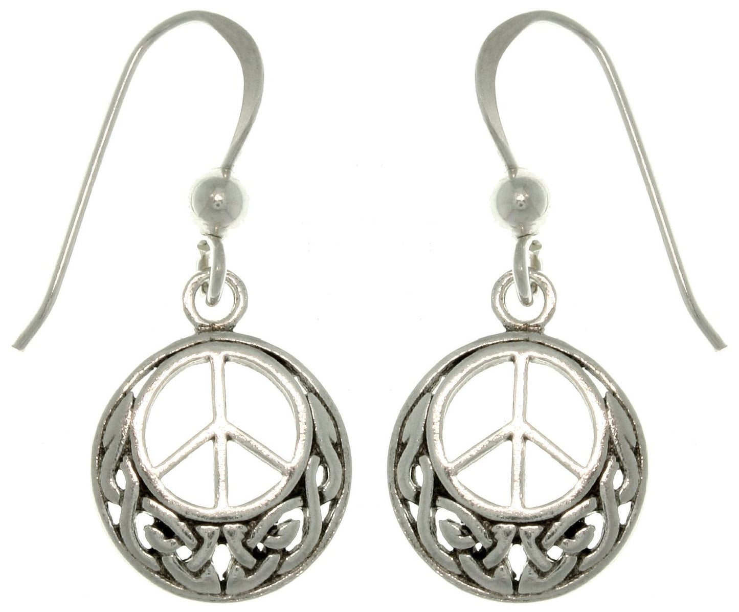 Celtic Knot and Peace Sign Symbol Sterling Silver Hook Earrings - Silver Insanity