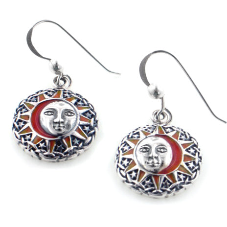 Sun Goddess Celestial Orange Enamel Sterling Silver Hook Earrings - Silver Insanity