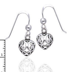 Small Filigree Puffed 3D Dangling Heart Sterling Silver Hook Earrings - Silver Insanity