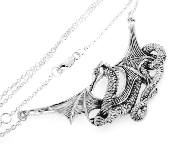 Sterling Silver Large Detailed Winged Sea Dragon Serpent Necklace - Silver Insanity