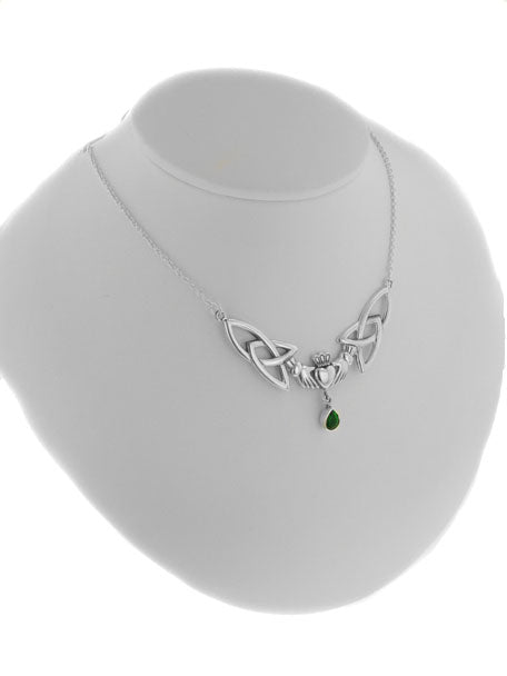 Sterling Silver Celtic Claddagh Trinity Knots Emerald-Green Glass 17" Necklace - Silver Insanity