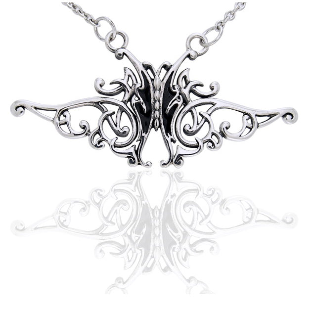 Flowing Celtic Knot and Black Butterfly Sterling Silver Adjustable 17" Necklace - Silver Insanity