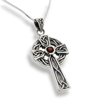 Large Celtic Knot Sun Cross Pendant with Garnet 18