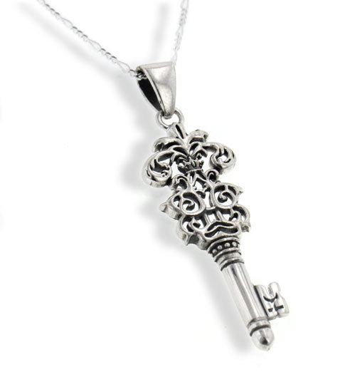 Victorian Sterling Silver Mystery Key of Knowledge Pendant 20" Necklace - Silver Insanity