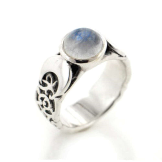Sterling Silver Lunar Moon Phases and Rainbow Moonstone Ring - Silver Insanity