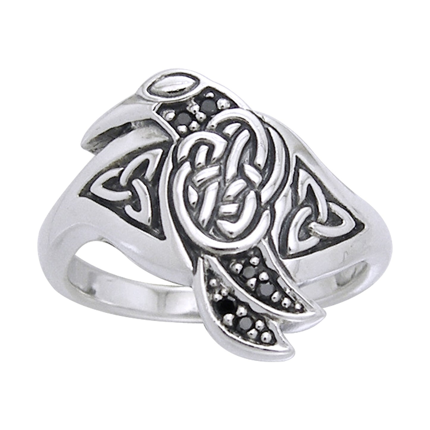 Celtic Raven Bird Sterling Silver Black Crystal Ring - Silver Insanity