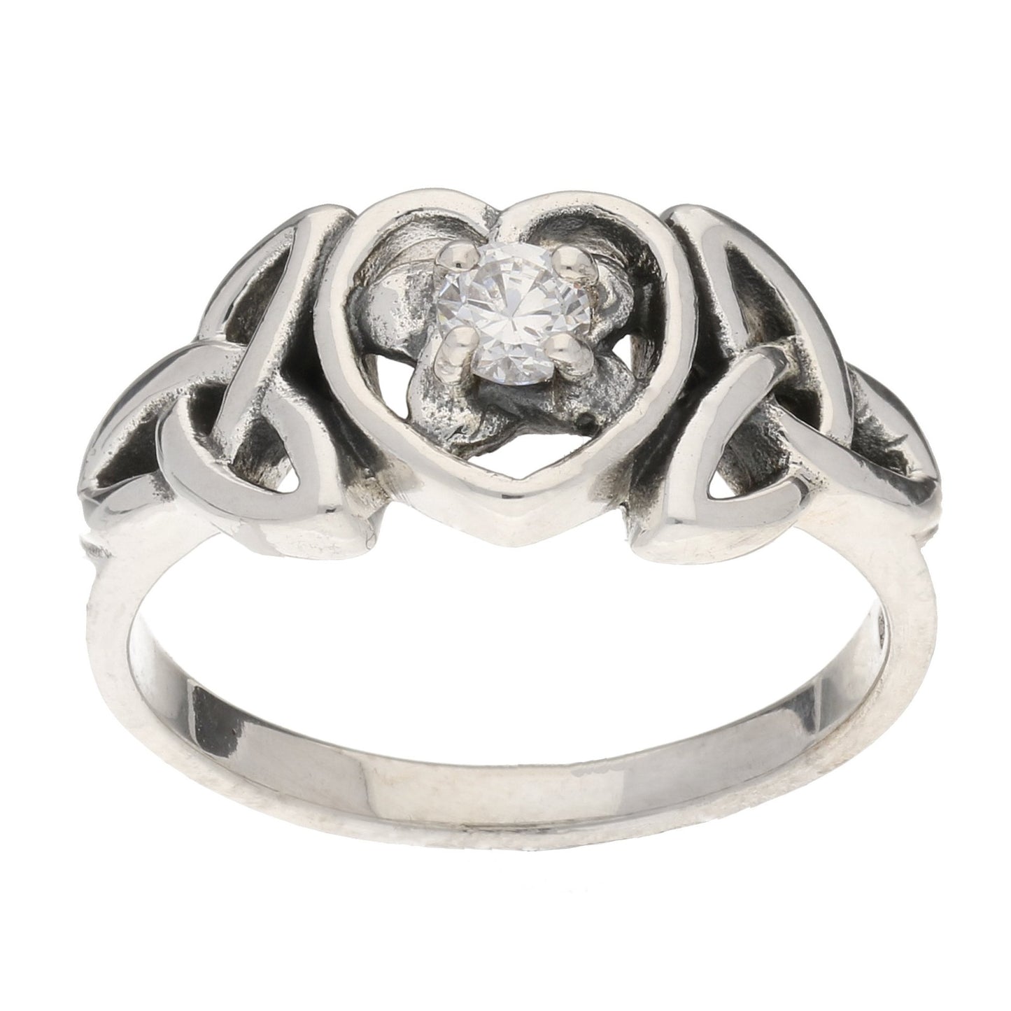 April Ring - Sterling Silver White CZ Celtic Trinity Knot Heart