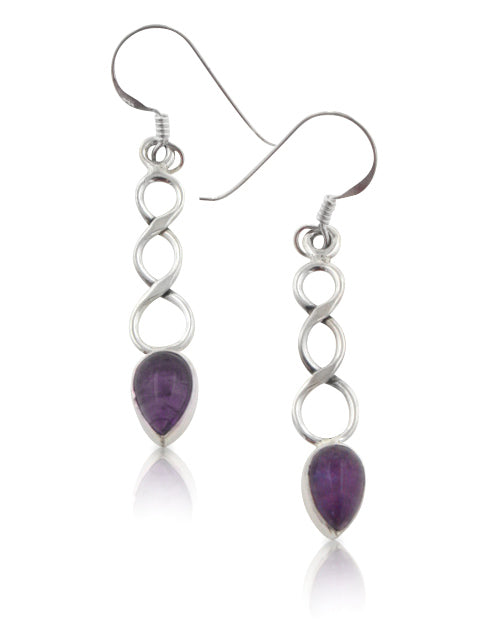 Infinity Symbol Genuine Amethyst Teardrop Sterling Silver Hook Earrings - Silver Insanity