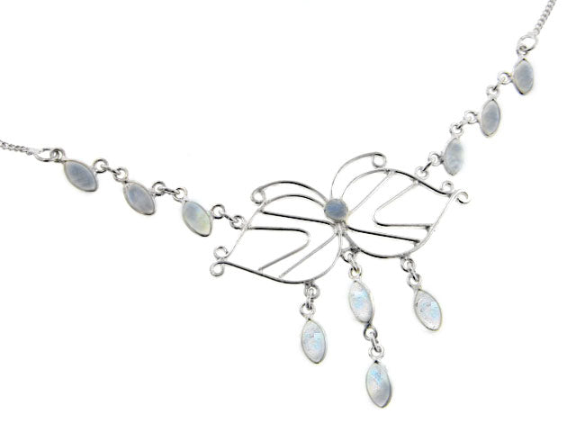 Filigree Butterfly with Genuine Rainbow Moonstone Cascading Drops 18" Sterling Silver Necklace - Silver Insanity