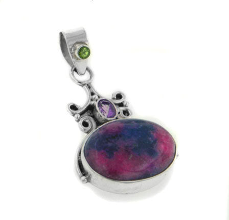 Genuine Pink Rhodonite, Peridot, and Amethyst Sterling Silver Gemstone Pendant - Silver Insanity