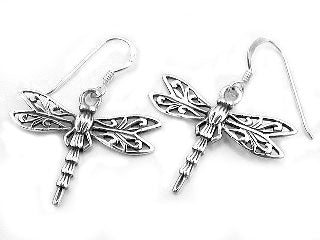 Pretty Sterling Silver Filigree Dragonfly Hook Earrings - Silver Insanity