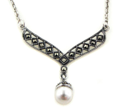 Sterling Silver Marcasite and Simulated Pearl Drop Necklace - Silver Insanity